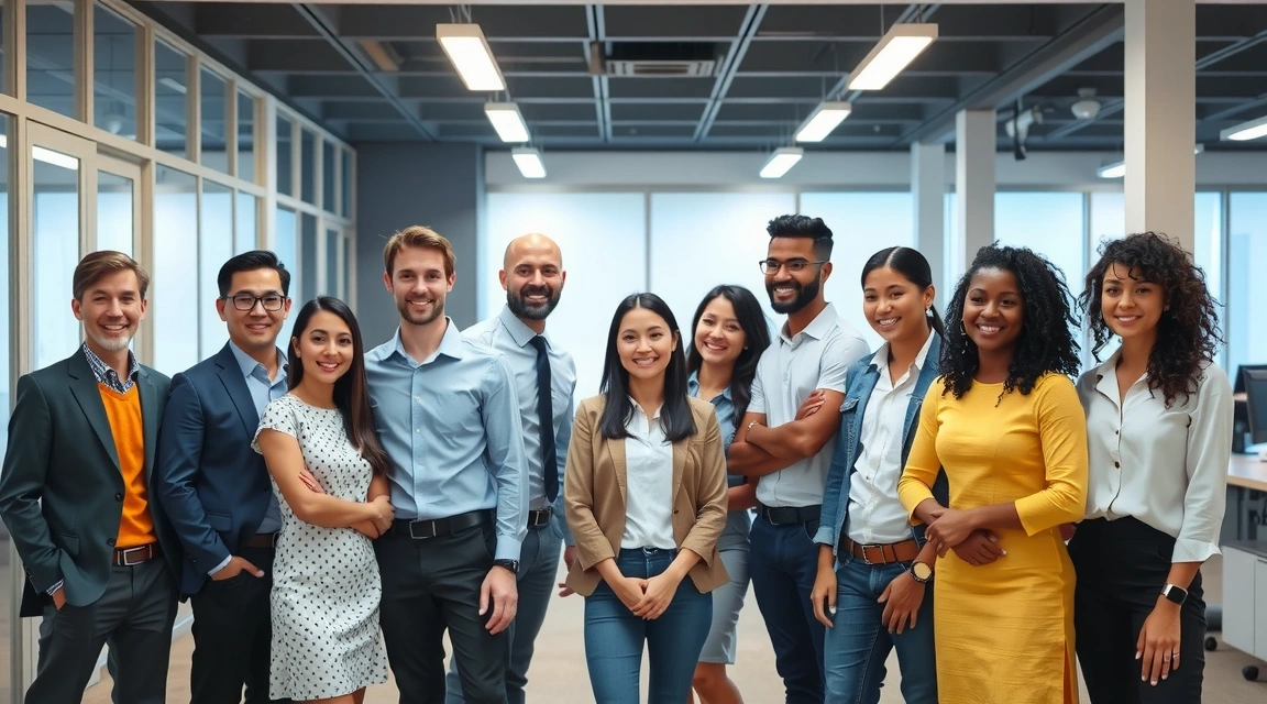 O echipă zâmbitoare și primitoare, gata să ajute, într-un birou modern și luminos